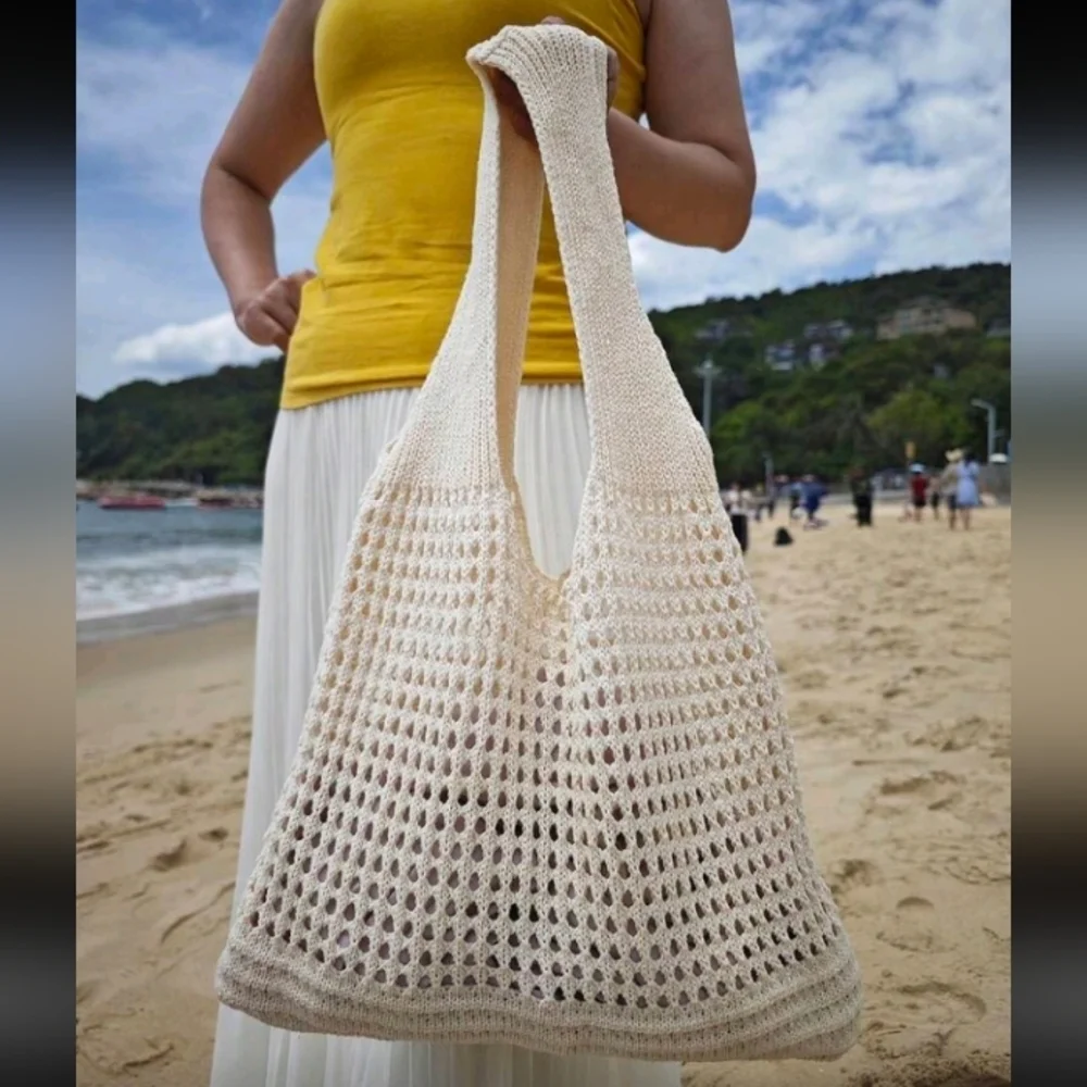 Boho Crochet Apricot Cream Tote Shoulder Bag Beach Bag